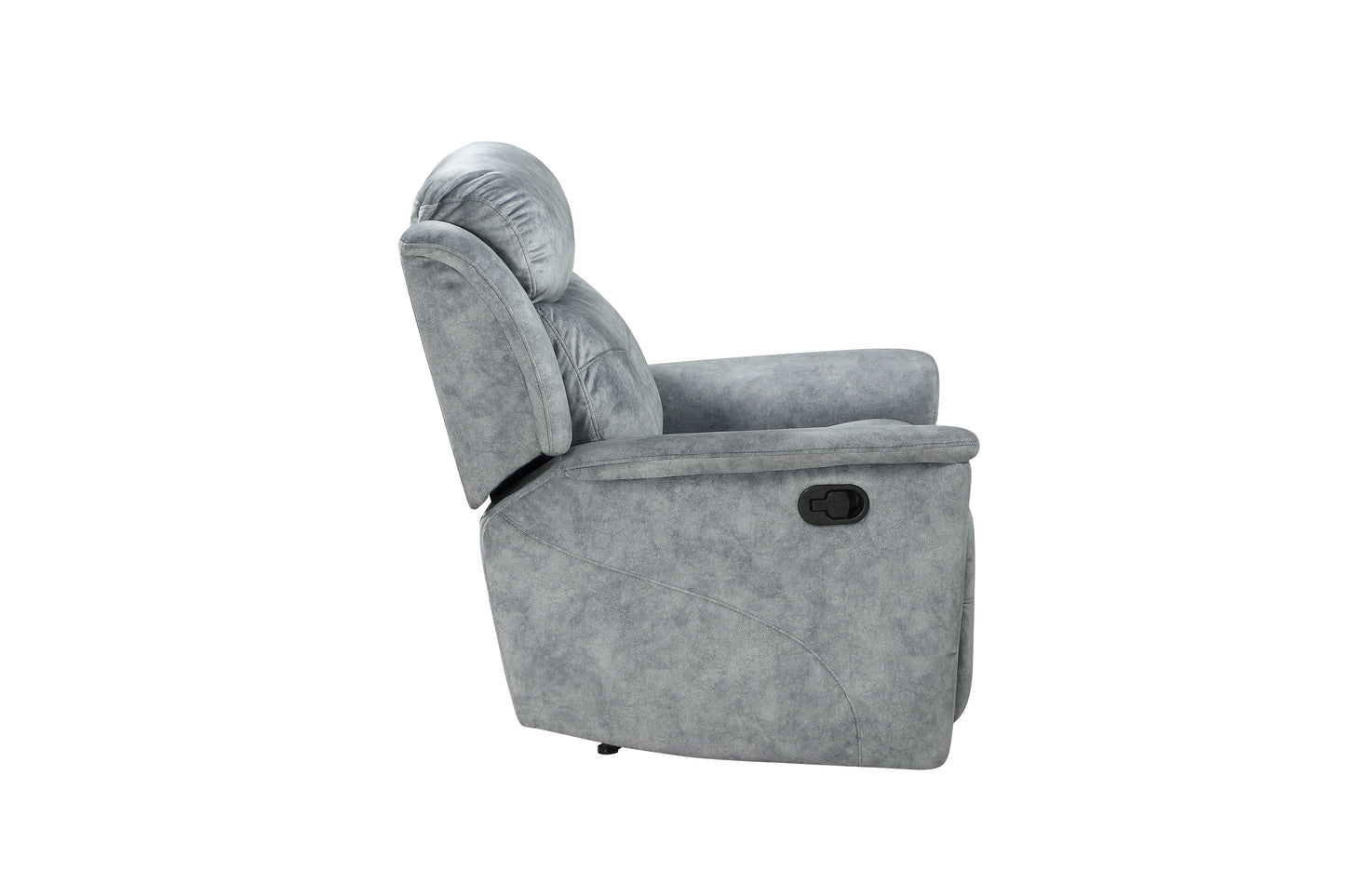Grey fabric recliner chair with plush headrest and recliner lever on the side