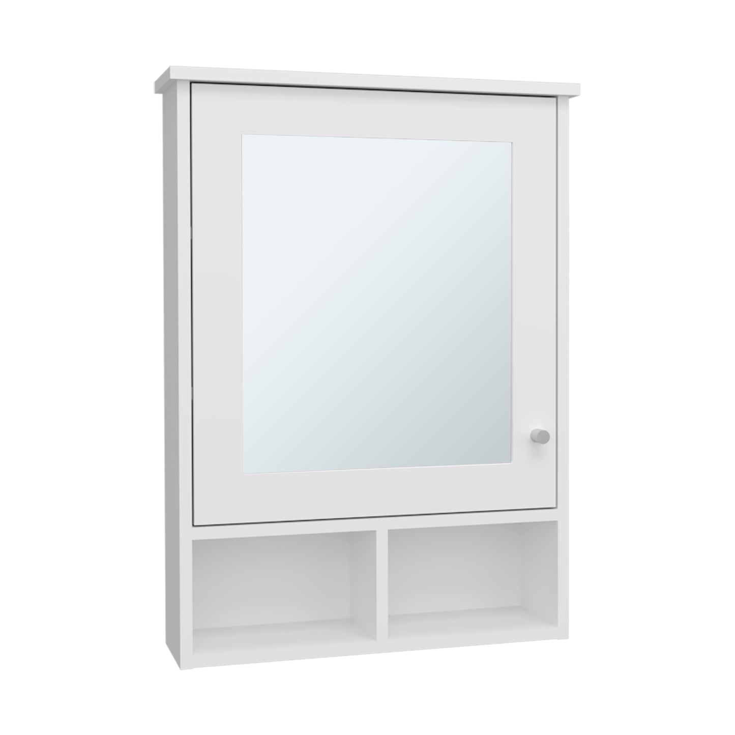 White wallmounted medicine cabinet with mirrored door and open shelving below