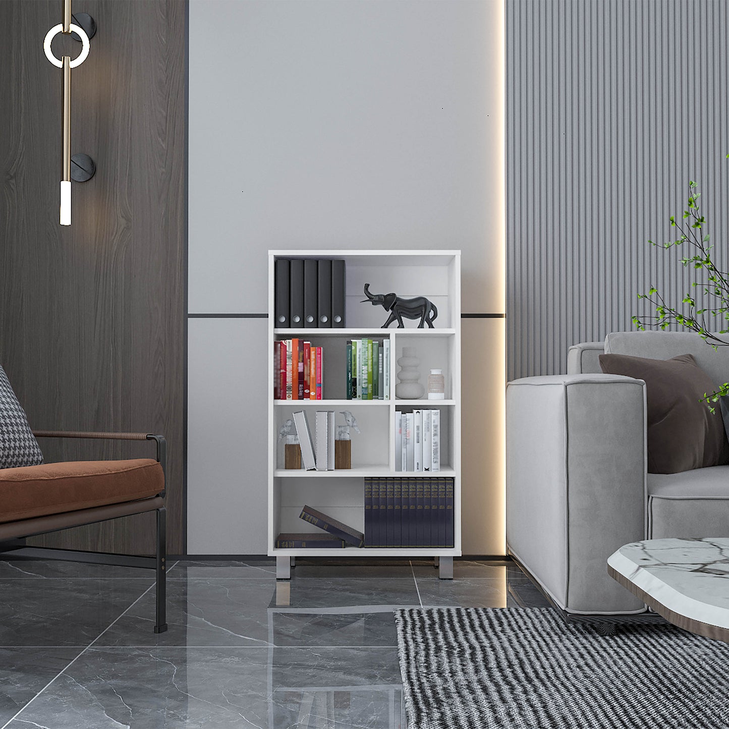 Modern white bookshelf with six compartments displaying books and decor