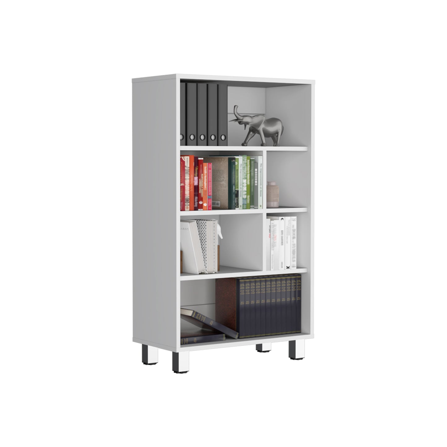 White modern bookcase with books and decor on shelves