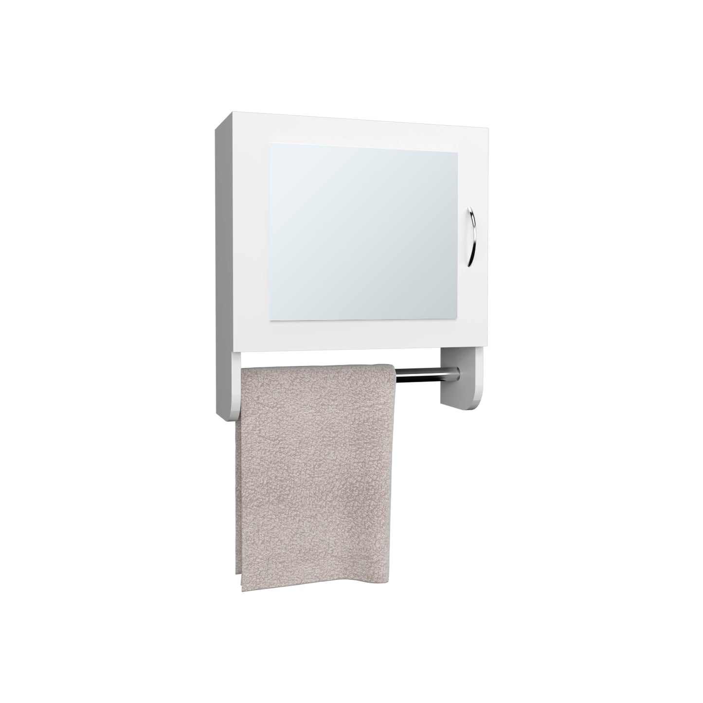 White bathroom medicine cabinet with mirrored door and chrome towel bar