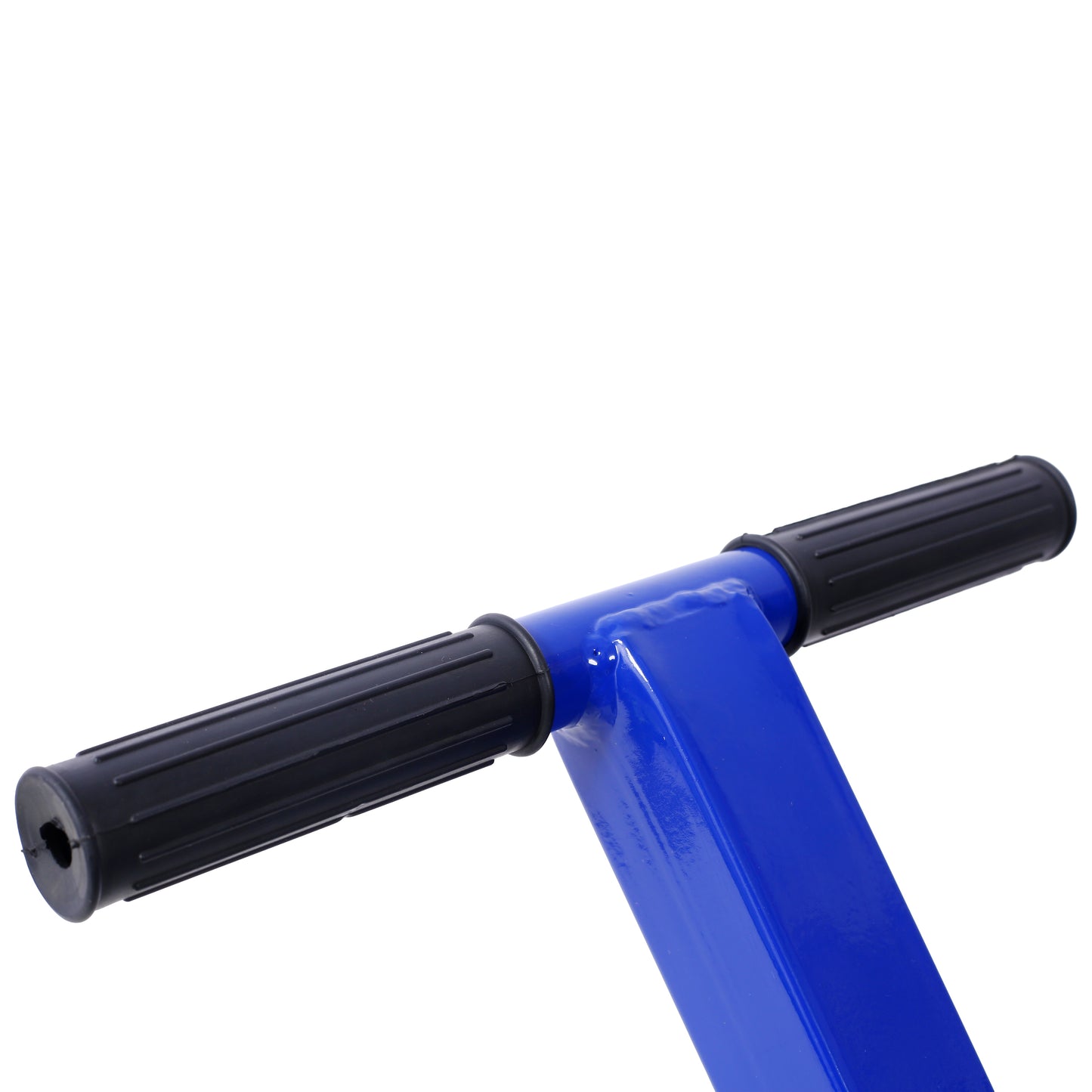 Blue metal frame with ribbed black rubber handlebar grips for ergonomic control
