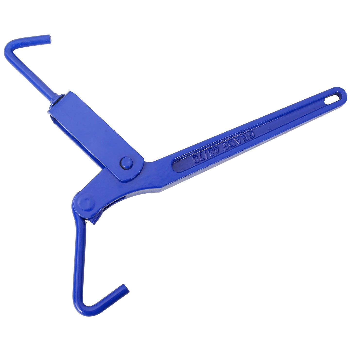 Blue metal fence stretcher with pivoting jaws for easy installation