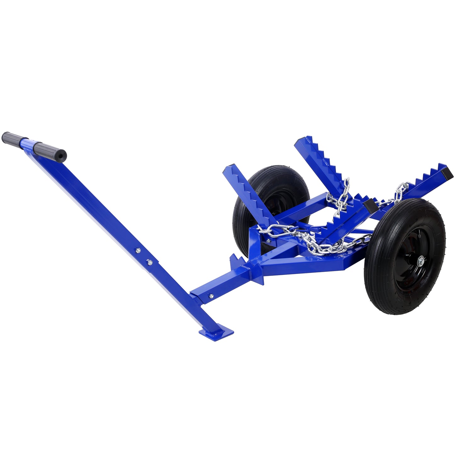 Blue metal jerry can dolly with two wheels and chain securing mechanism