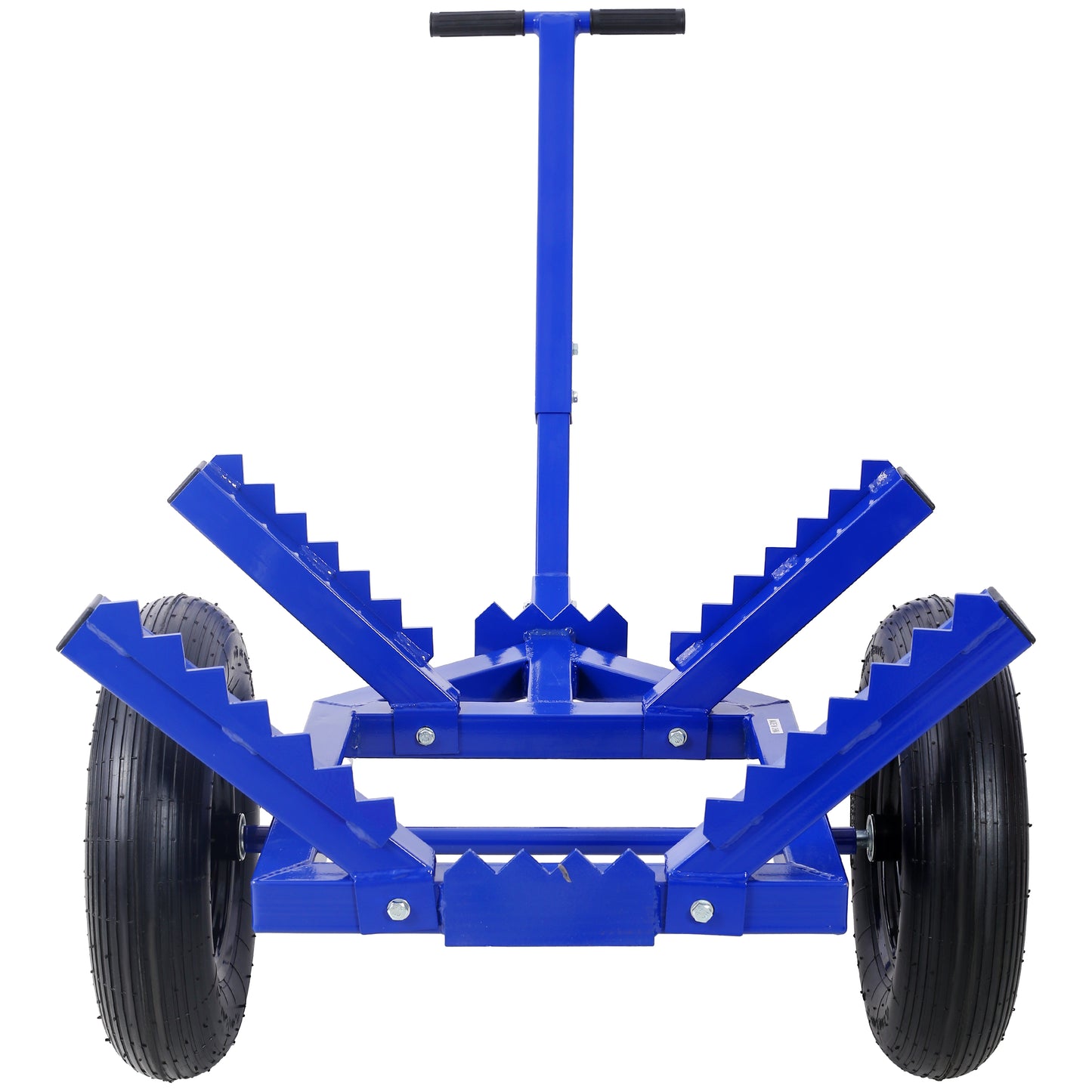 Blue metal log holder cart with two large wheels and handle for easy transport
