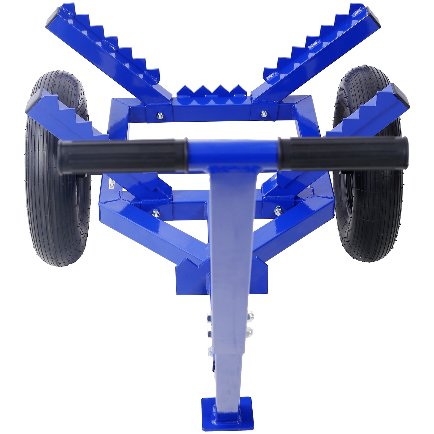 Blue metal kayak dolly with sturdy wheels and padded grips for easy transport