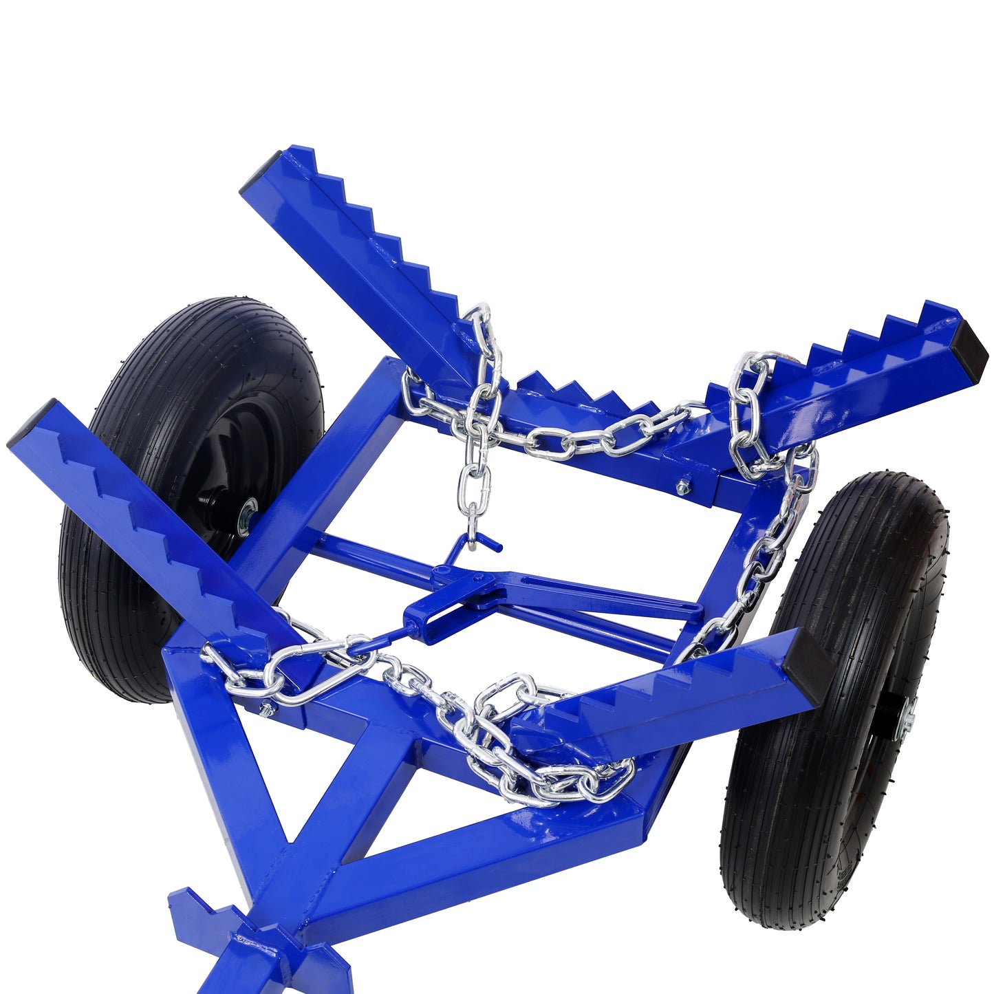 Blue metal drum dolly with pneumatic tires and securing chains for easy barrel transport