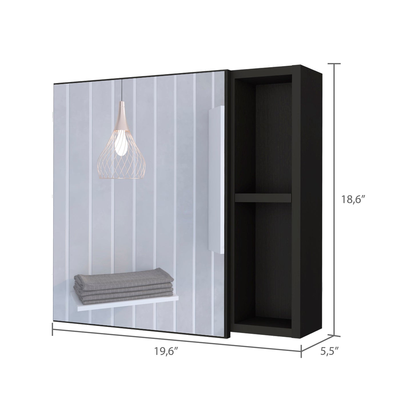 Modern black bathroom vanity with integrated shelf and towel storage