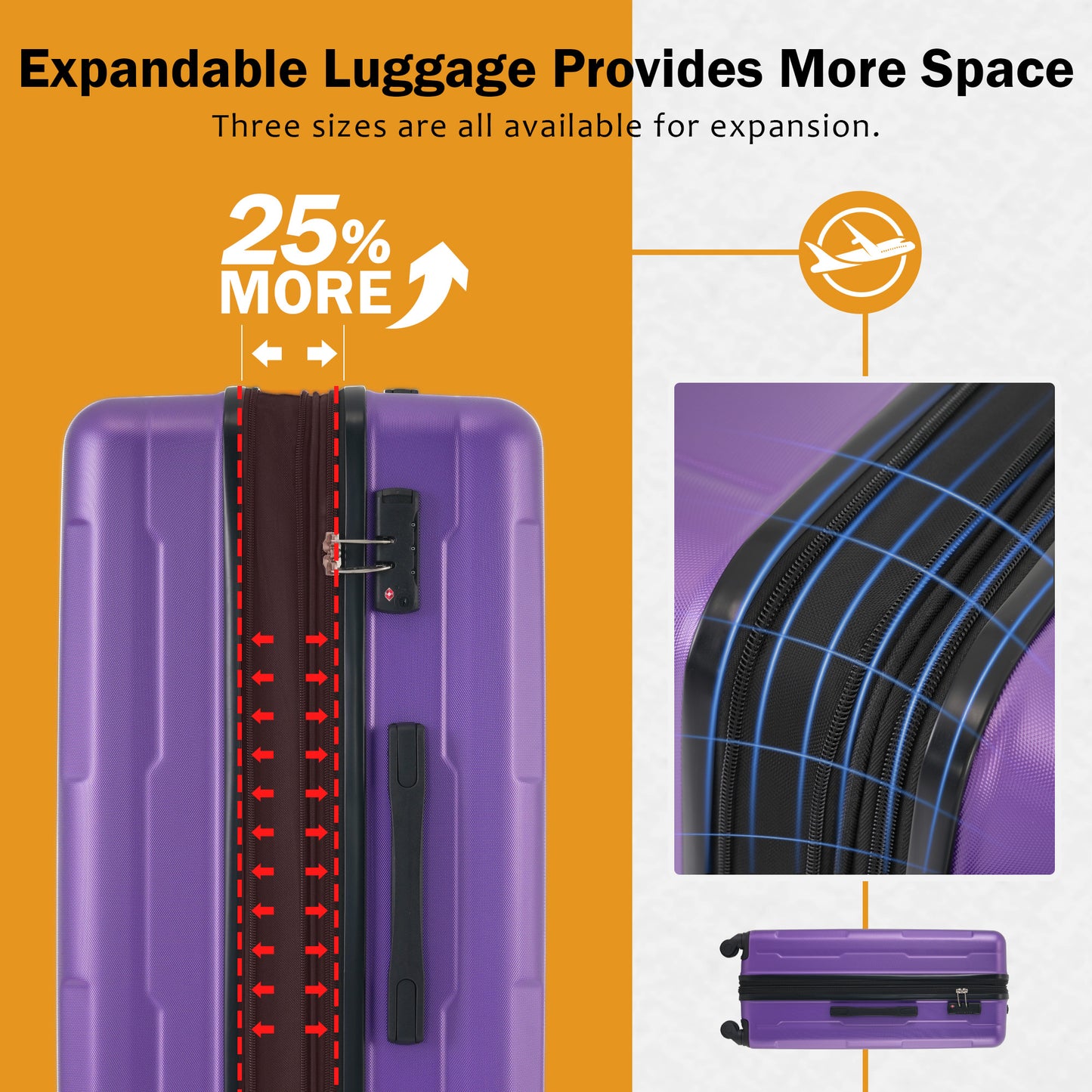 Purple expandable luggage with TSA lock shows more space feature