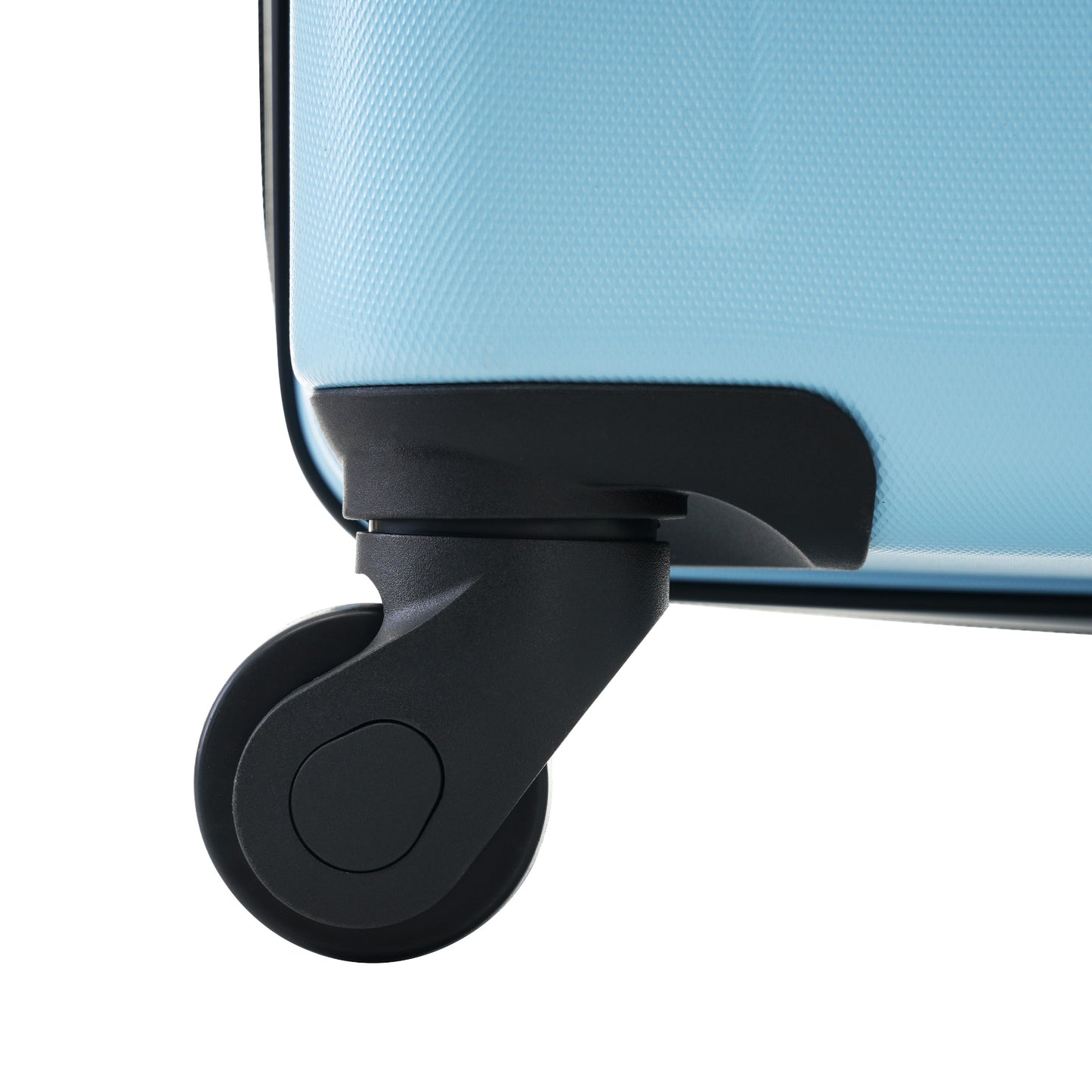 Closeup of a light blue textured suitcase with a black spinner wheel