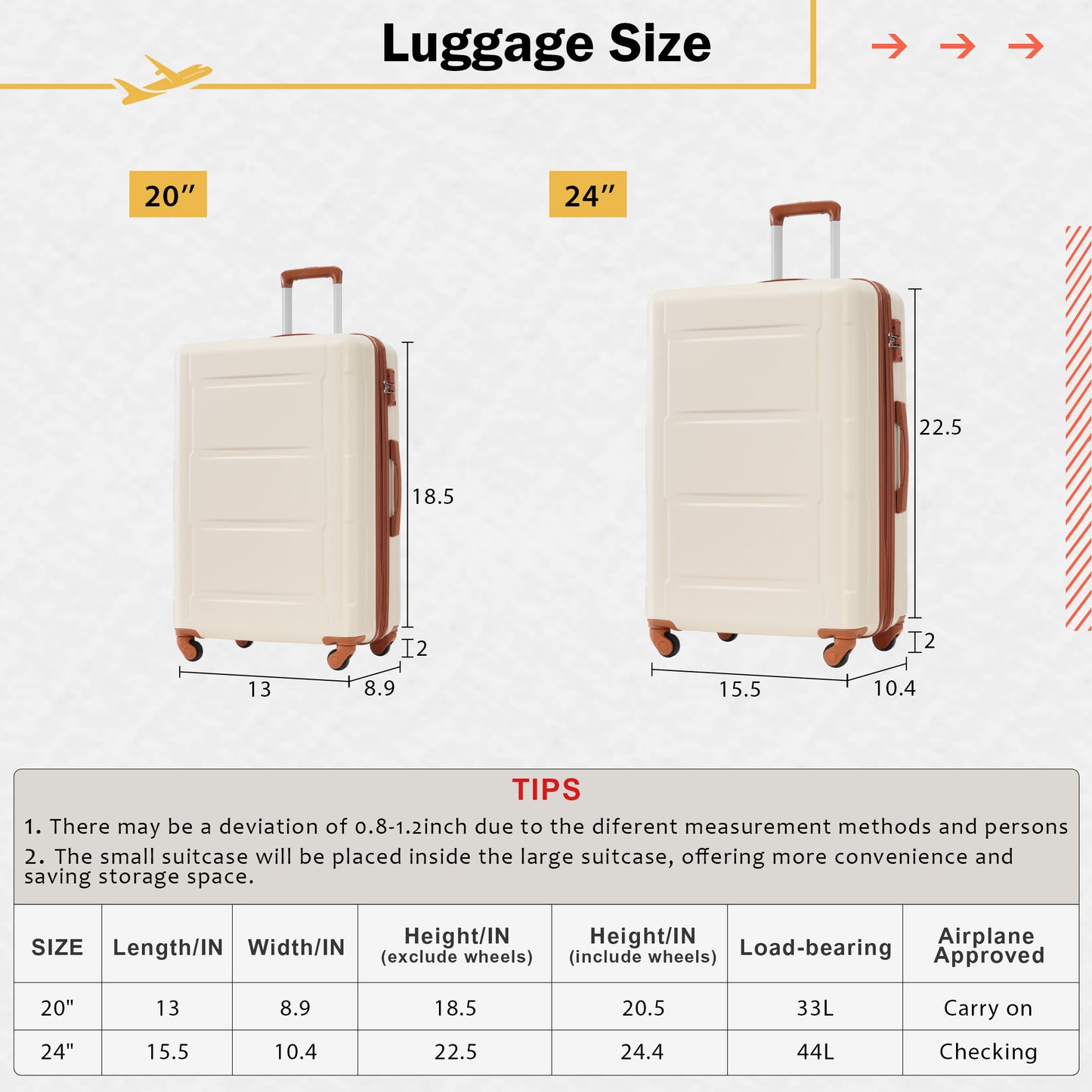 Creamcolored inch spinner suitcase with brown accents and wheels perfect for carryon travel