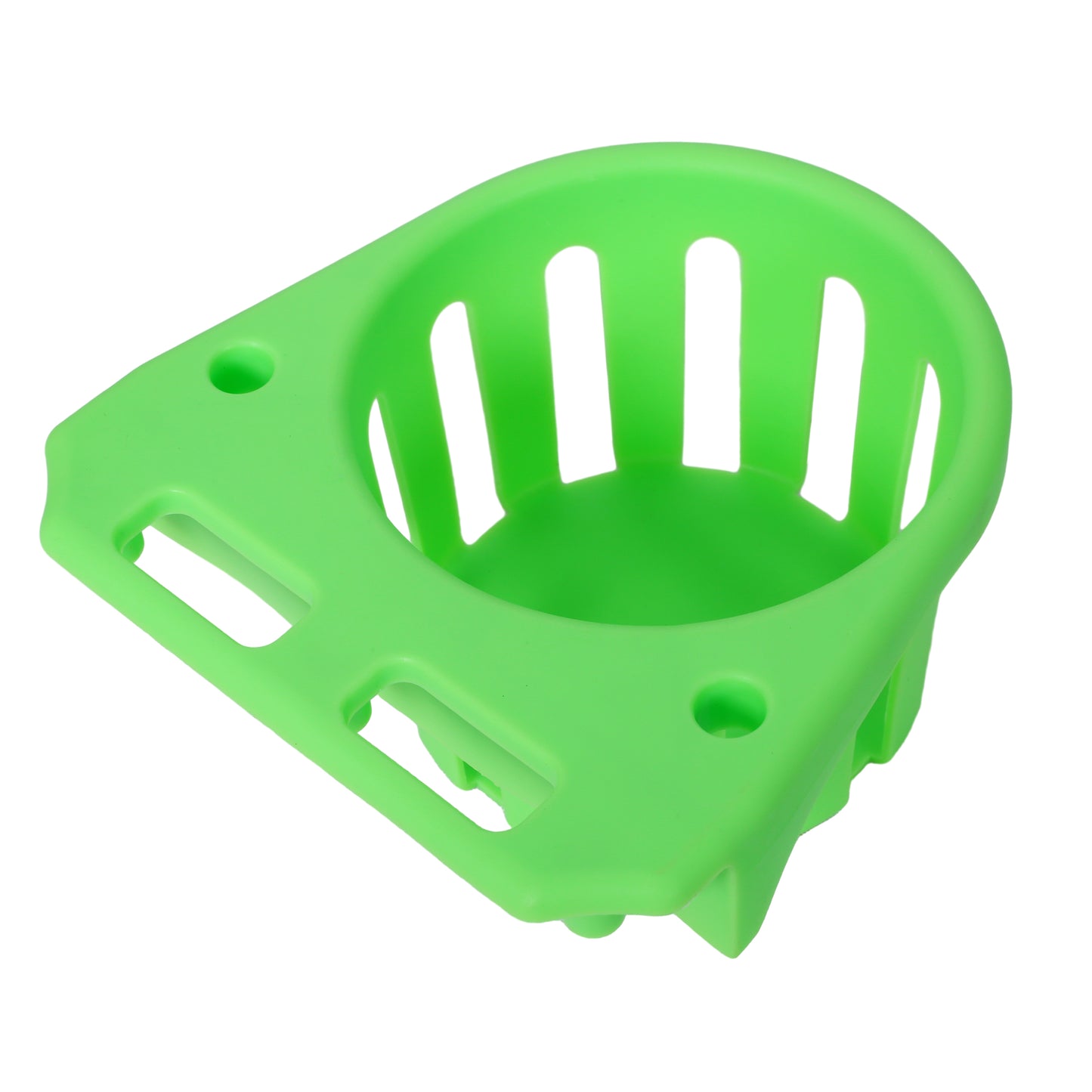 Green plastic stroller cup holder with drainage slots and attachment loops