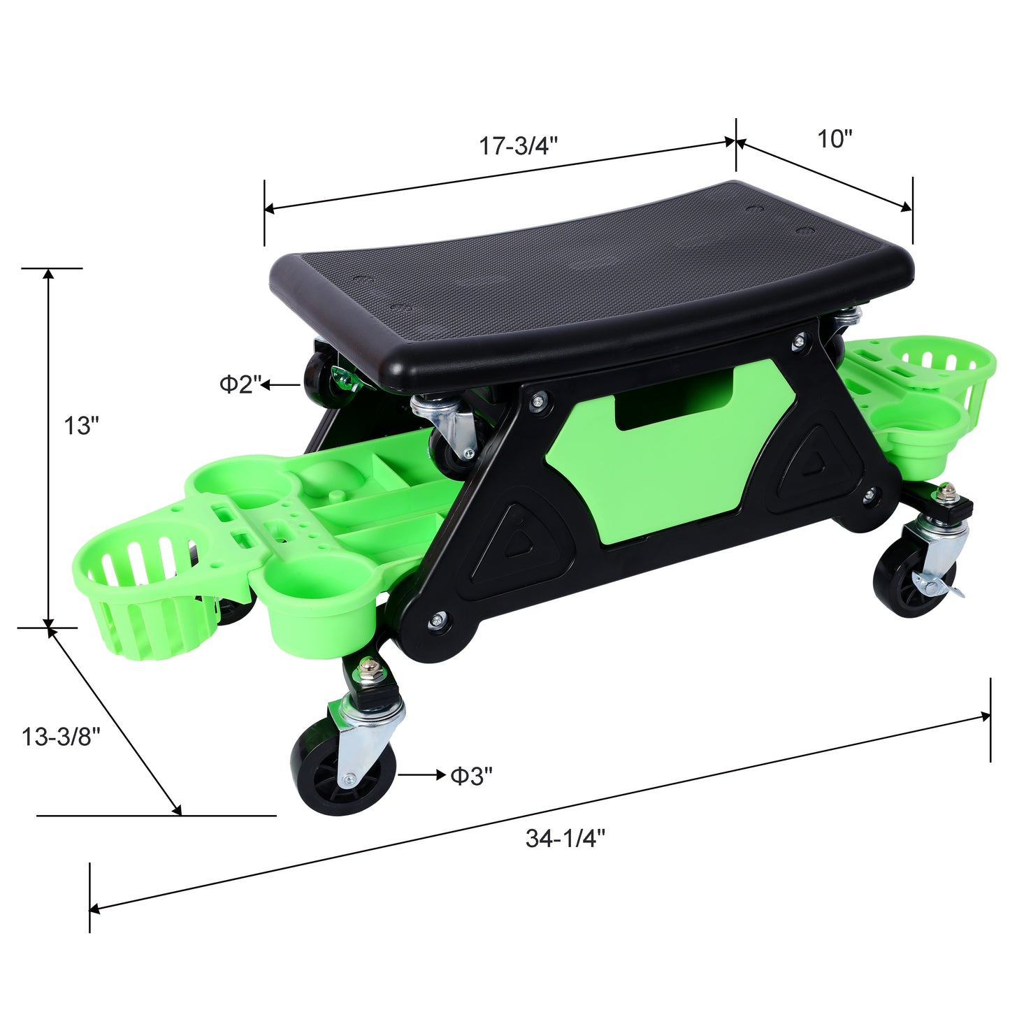 Green rolling garden cart with black seat and storage compartments