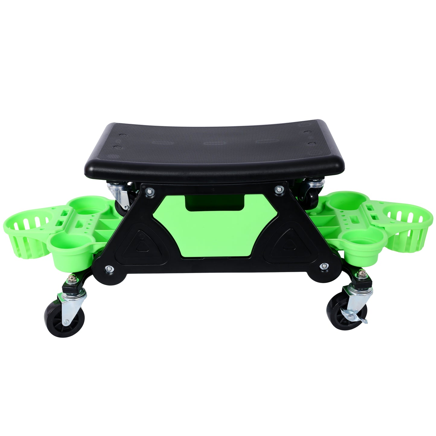 Black and green rolling garden seat with tool storage compartments and swiveling wheels