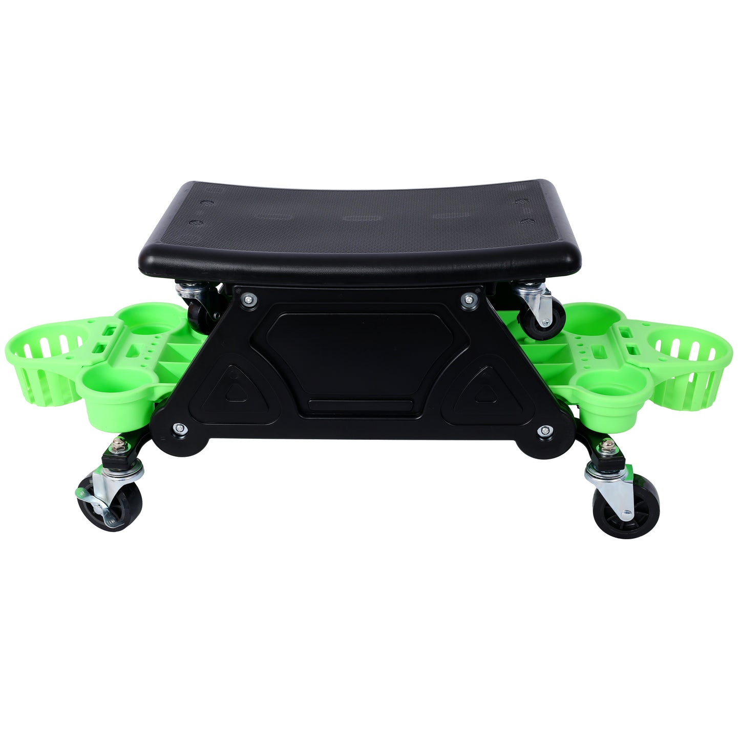 Black garden creeper seat with green storage compartments and rolling wheels