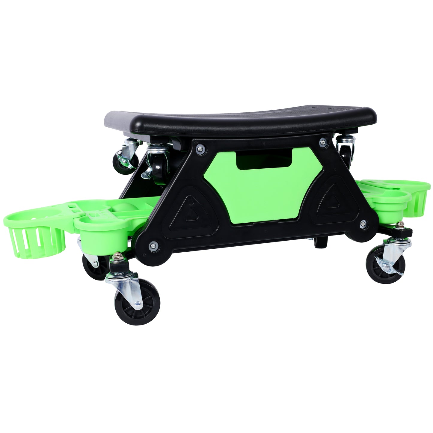 Black and lime green rolling garden stool with storage compartments and swivel casters for easy movement
