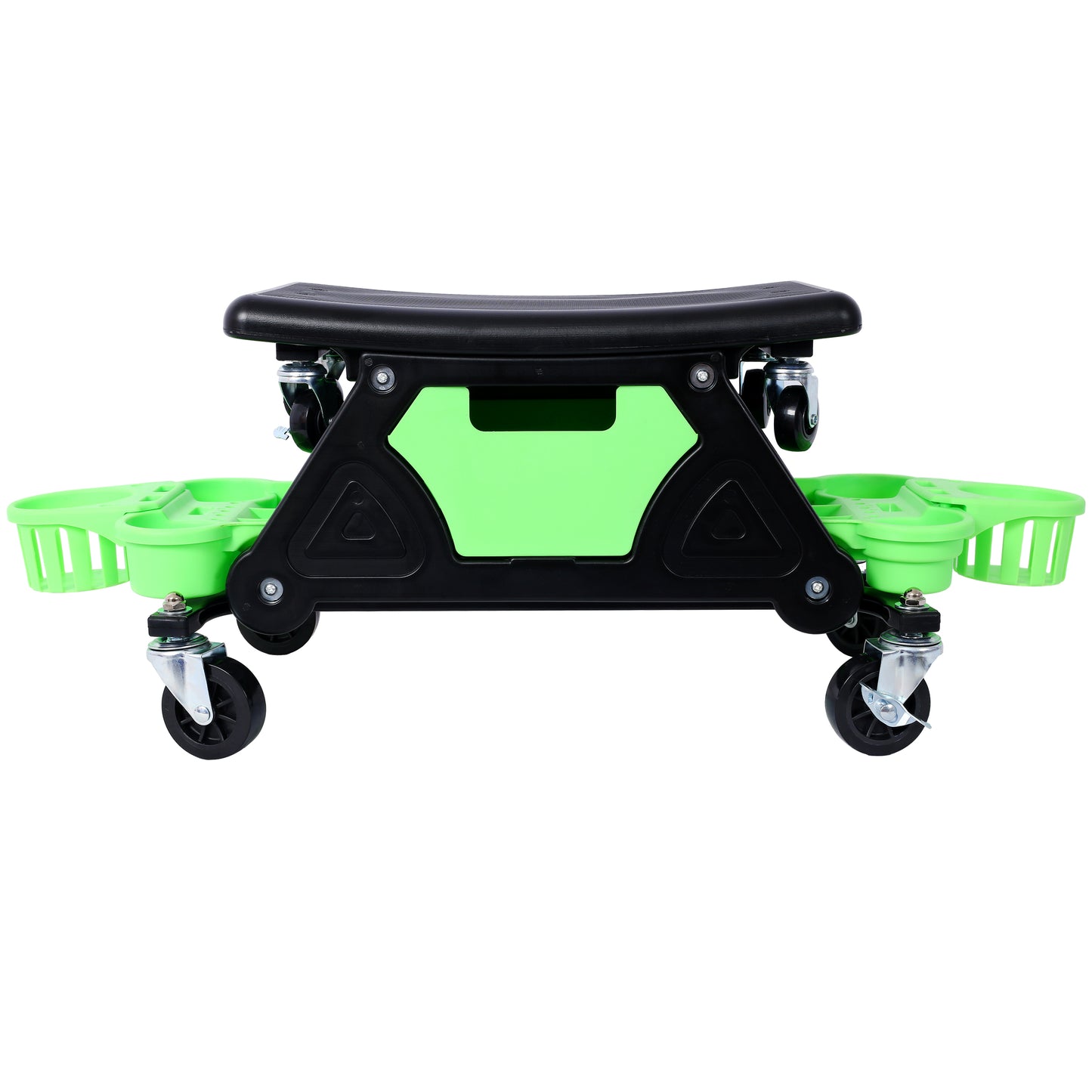 Black and green garden creeper with four wheels and storage bins