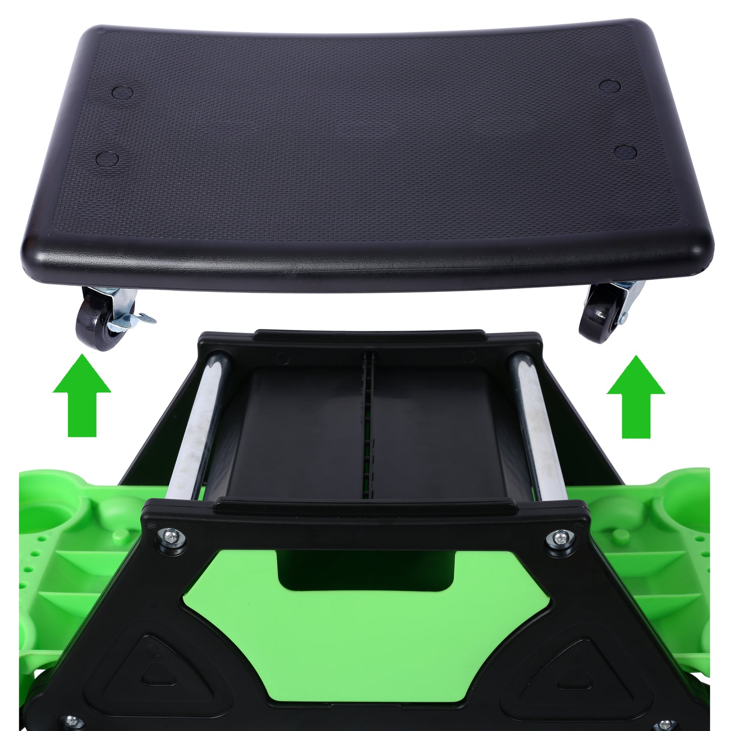 Black creeper seat with integrated swivel casters for smooth mobility