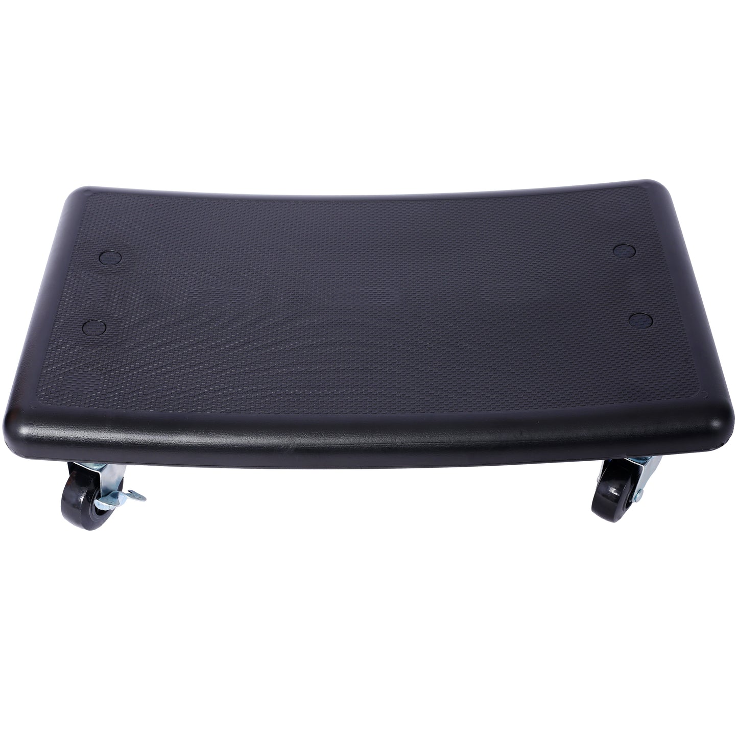 Black creeper seat with textured surface and swivel casters for easy garage use