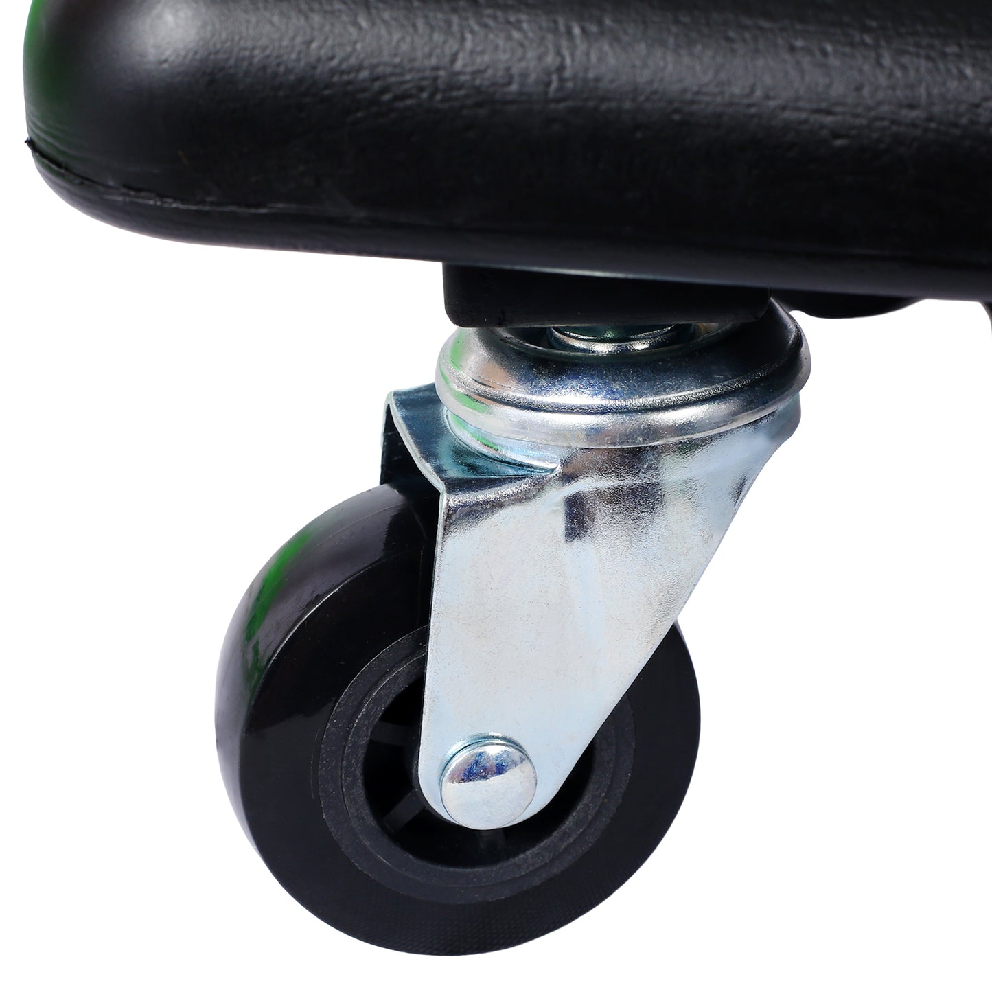Black furniture caster wheel with silver metal swivel bracket and springs