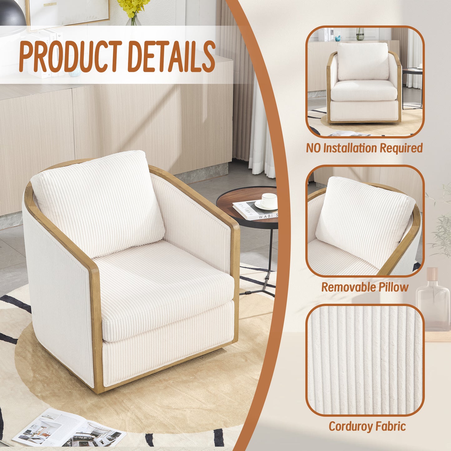 Cream corduroy armchair with wooden frame and plush pillow modern accent chair