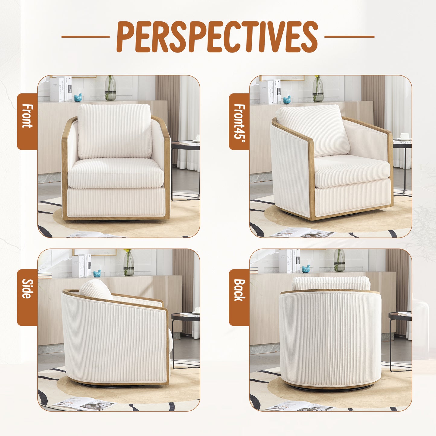 Cream corduroy swivel accent chair with wooden frame and plush cushion