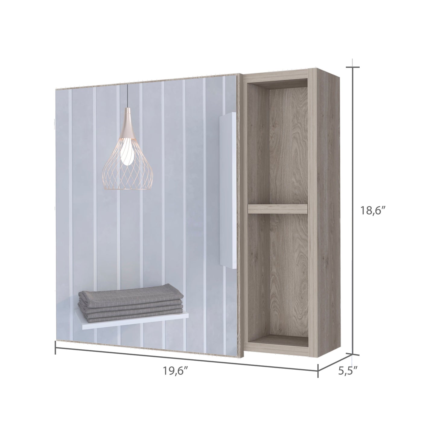 Modern wall cabinet with light oak finish and white door for bathroom storage