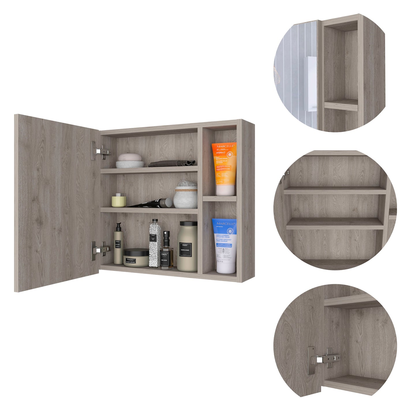 Modern gray wood bathroom medicine cabinet with mirrored door and interior shelves