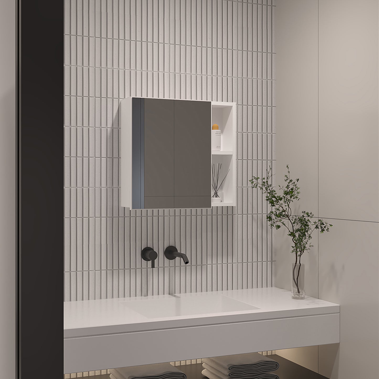 Modern minimalist medicine cabinet with mirrored doors and open shelving above a double sink vanity