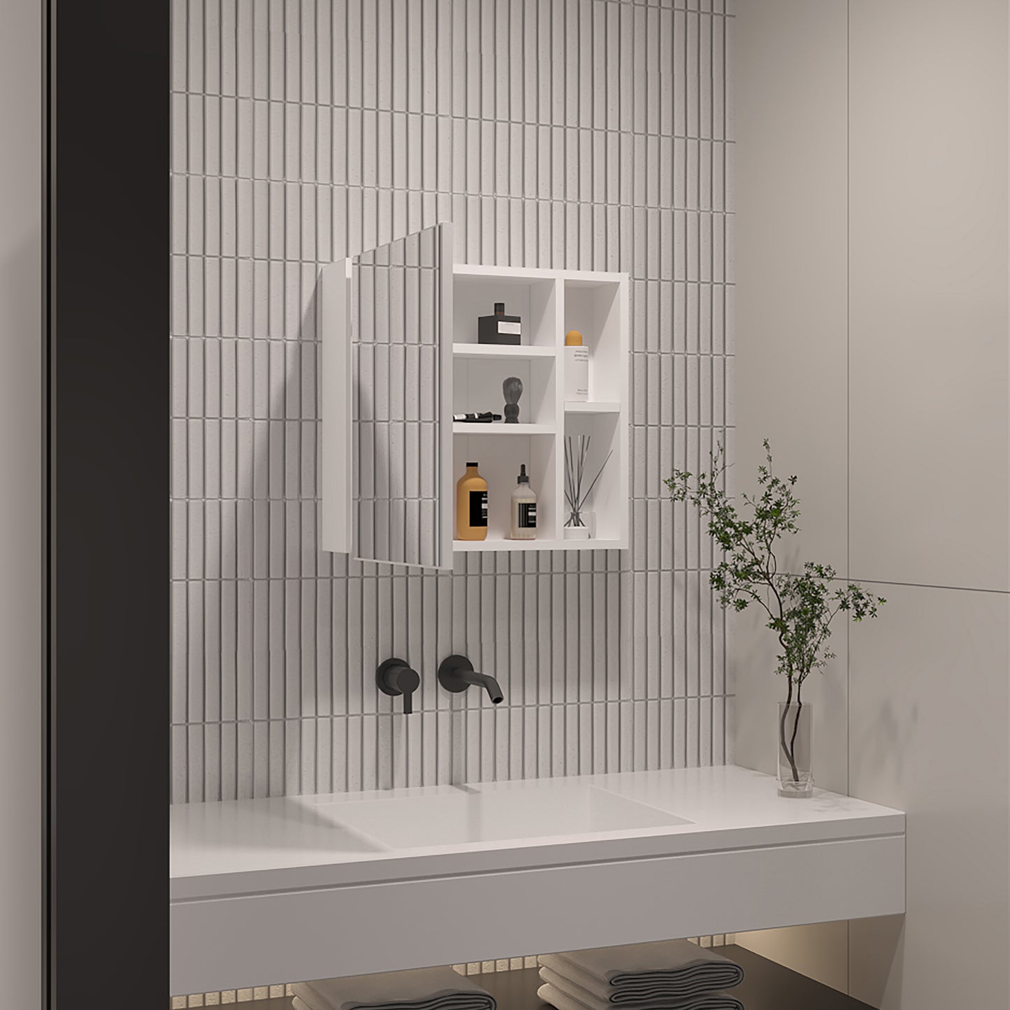 Modern white bathroom medicine cabinet with open door displaying toiletries