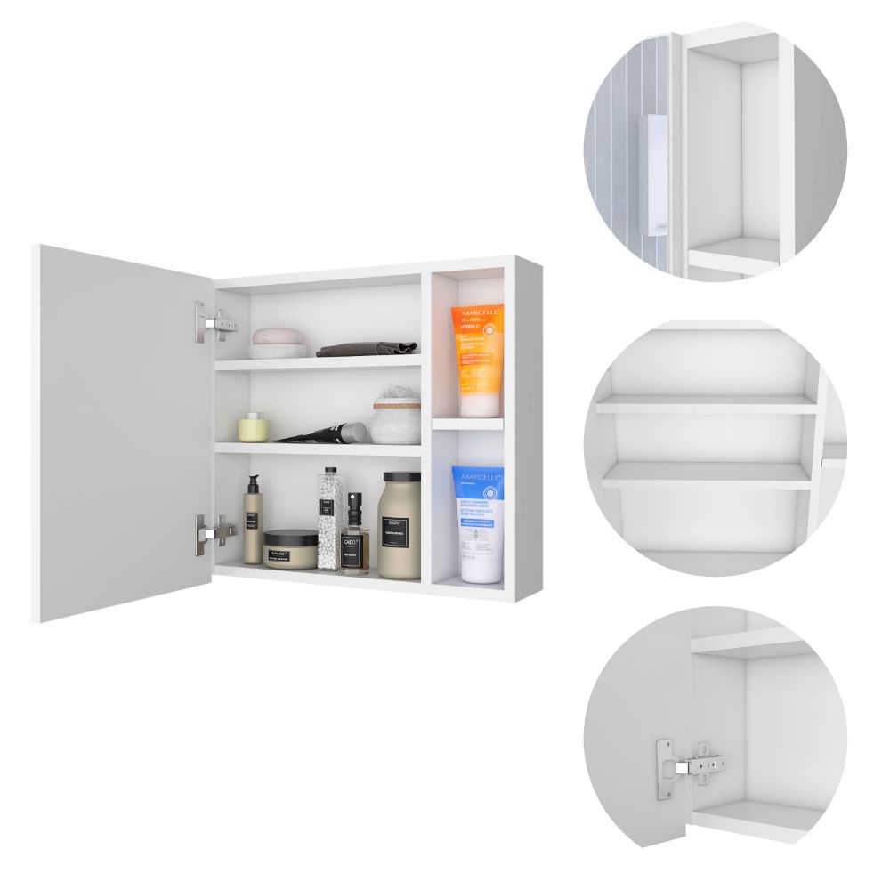 White bathroom cabinet with open doors displaying skincare products and toiletries