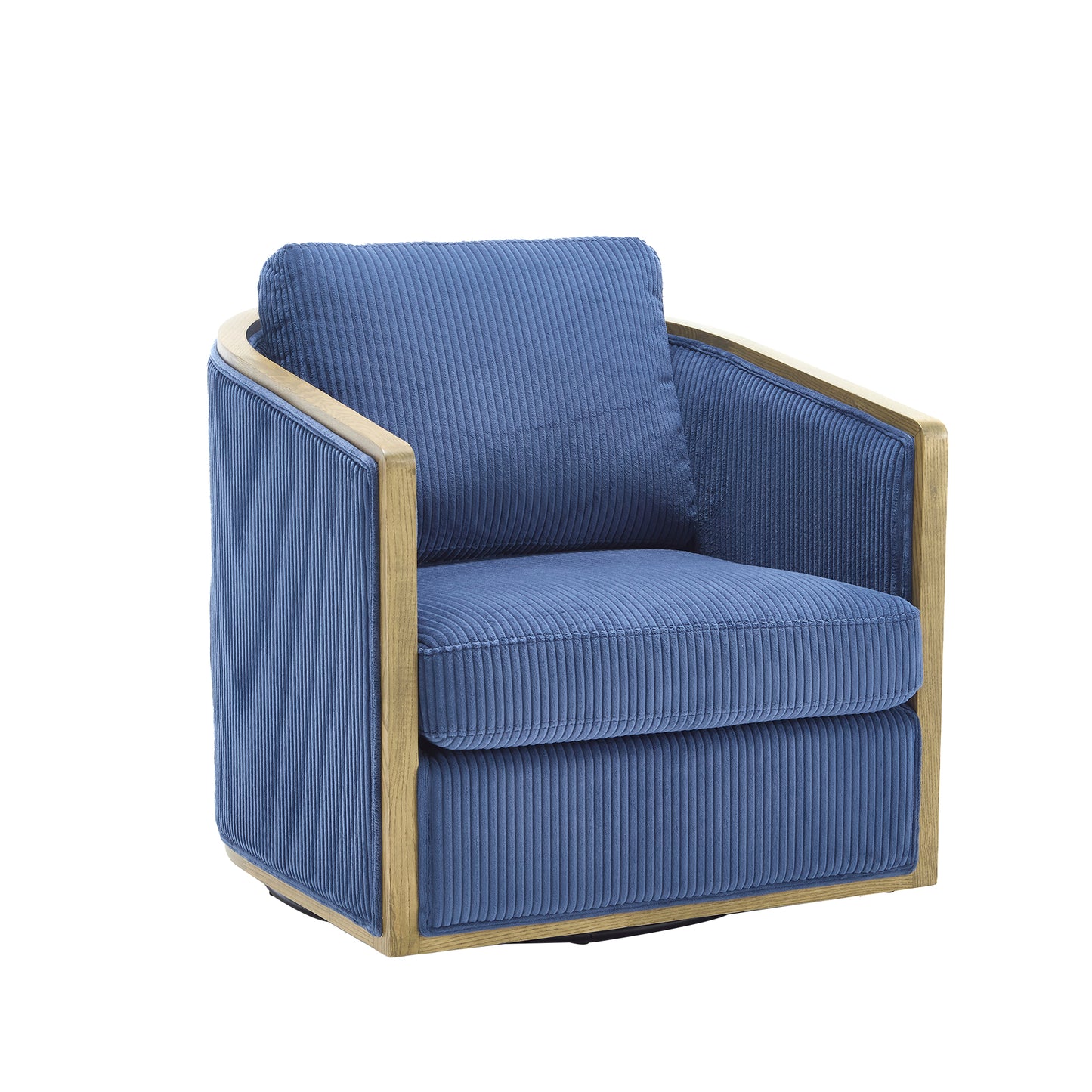 Plush blue corduroy armchair with natural wood frame and swivel base