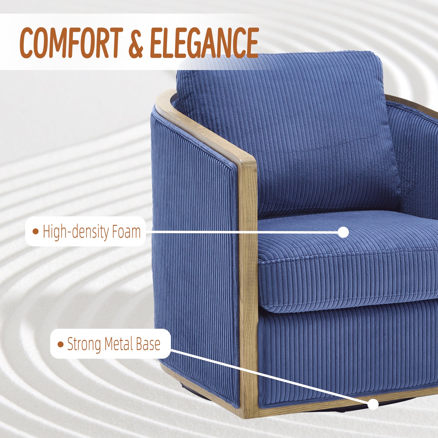 Plush navy blue corduroy armchair with natural wood accents and comfortable highdensity foam