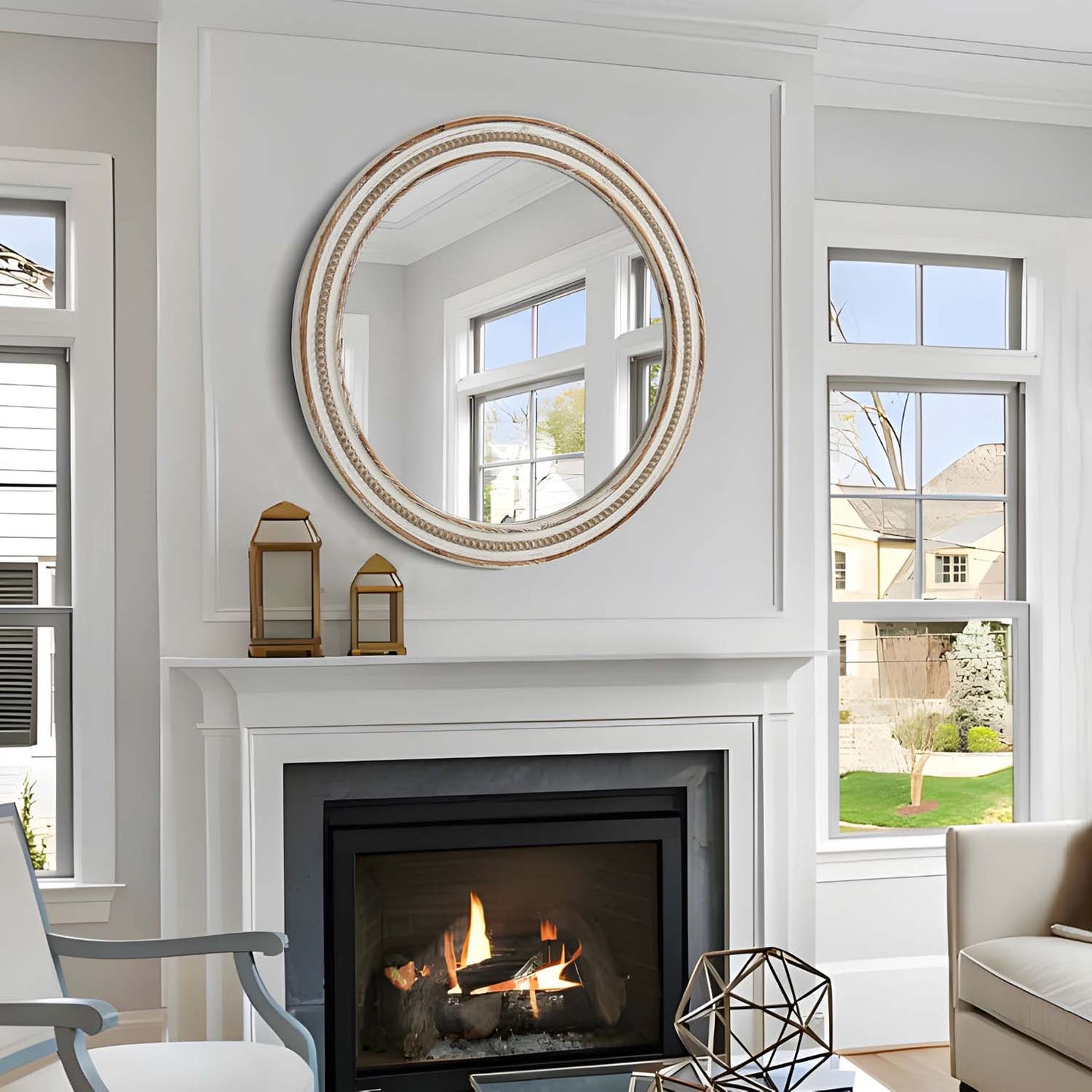 Round distressed white wall mirror with ornate gold inner rim and textured frame