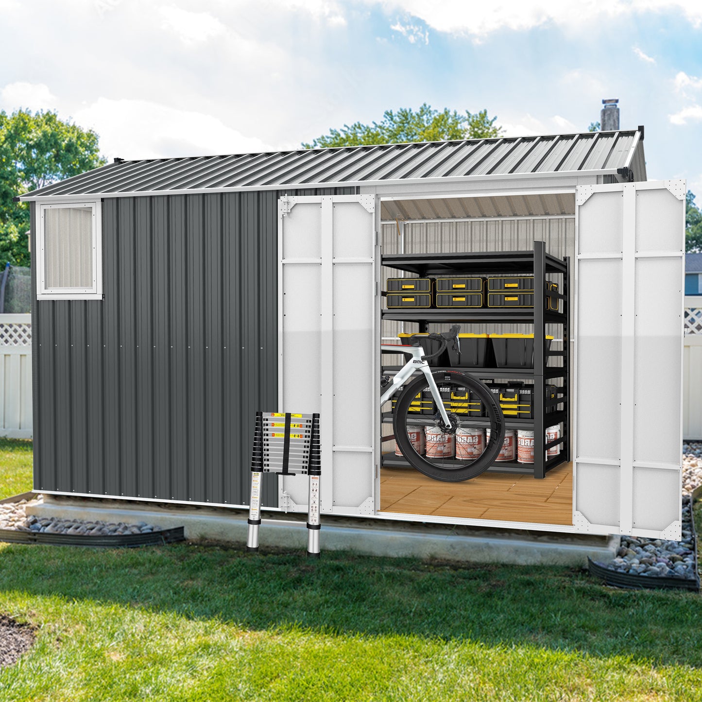 Grey metal garden shed with open doors showing storage shelves bike and paint cans