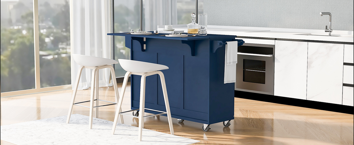 Deep navy kitchen island cart with dropleaf top and two white modern bar stools