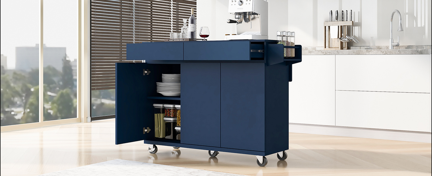 Navy blue rolling kitchen cart with open cabinet revealing stacked plates and pantry containers
