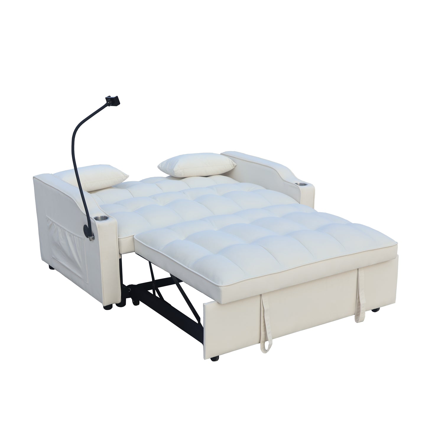 White convertible sofa bed with integrated adjustable lamp