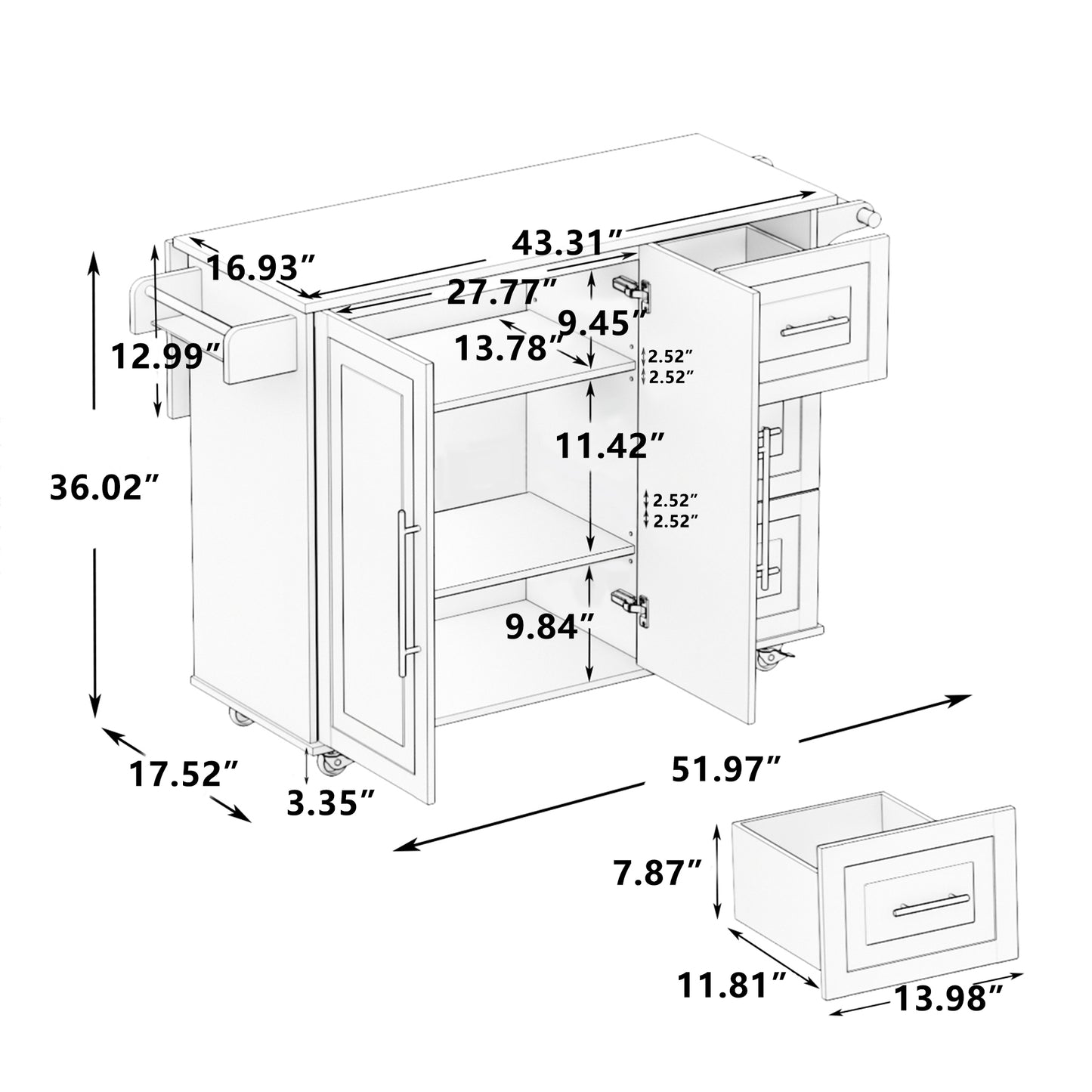 Technical drawing of a wheeled kitchen island with dimensions
