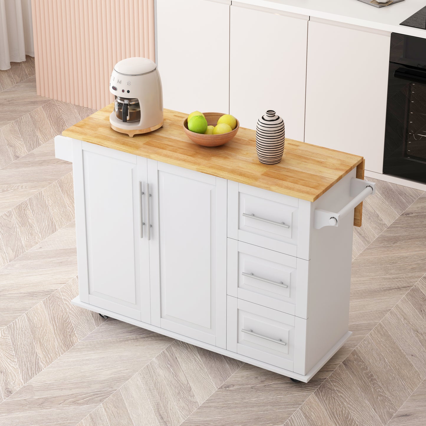 White kitchen island with wood countertop drawers and cabinet doors on wheels