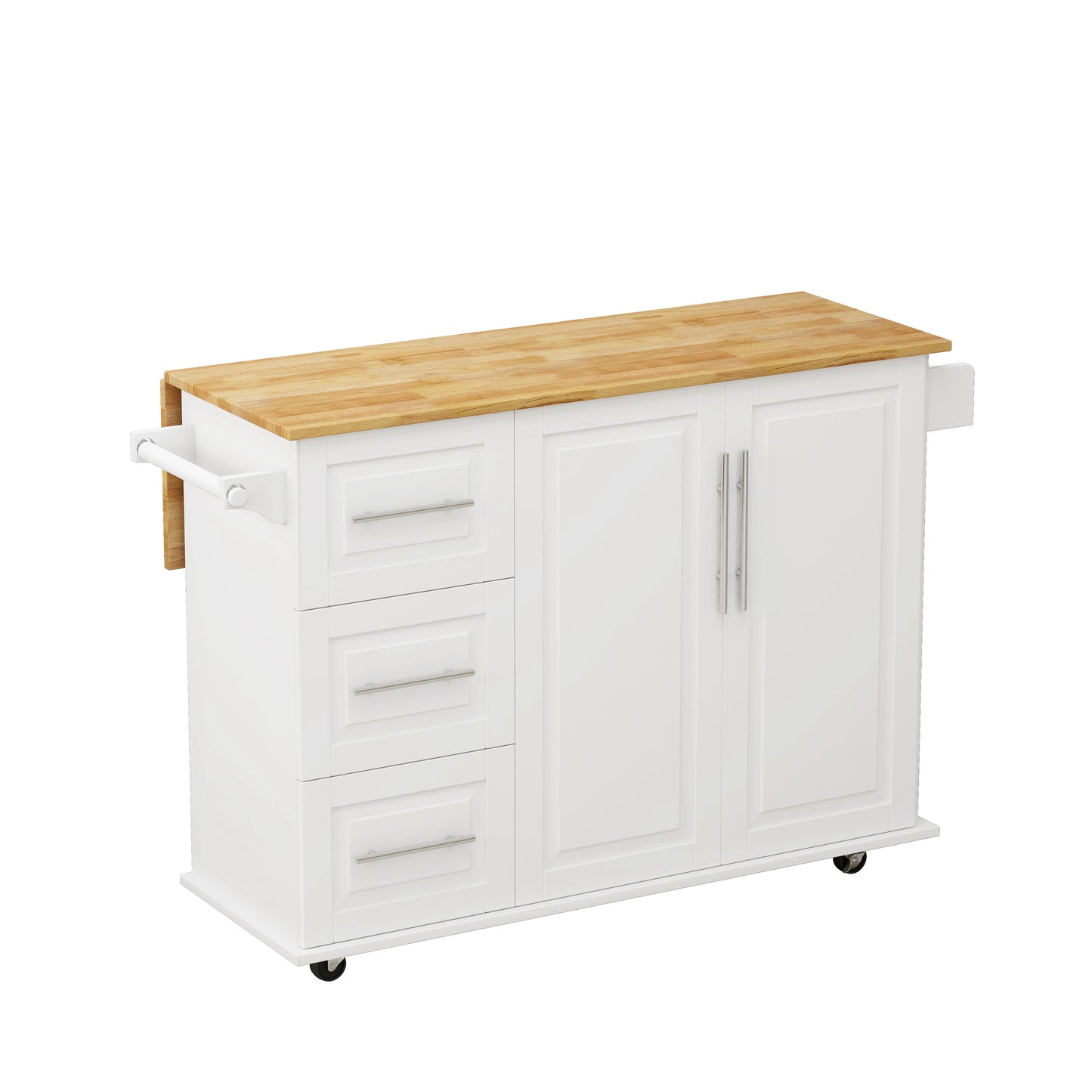 White kitchen cart with butcher block top and towel bar