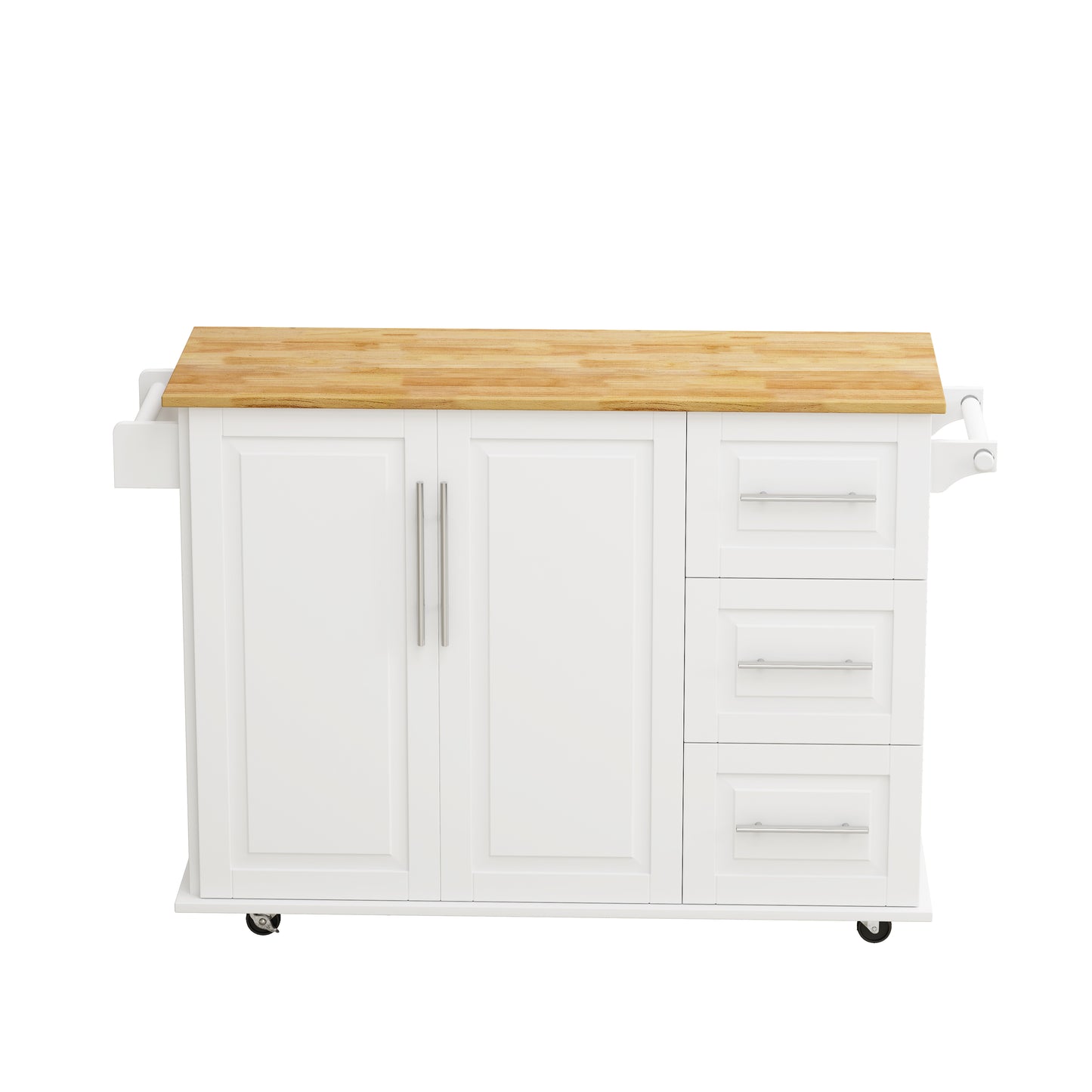 White kitchen island cart with butcher block top and storage