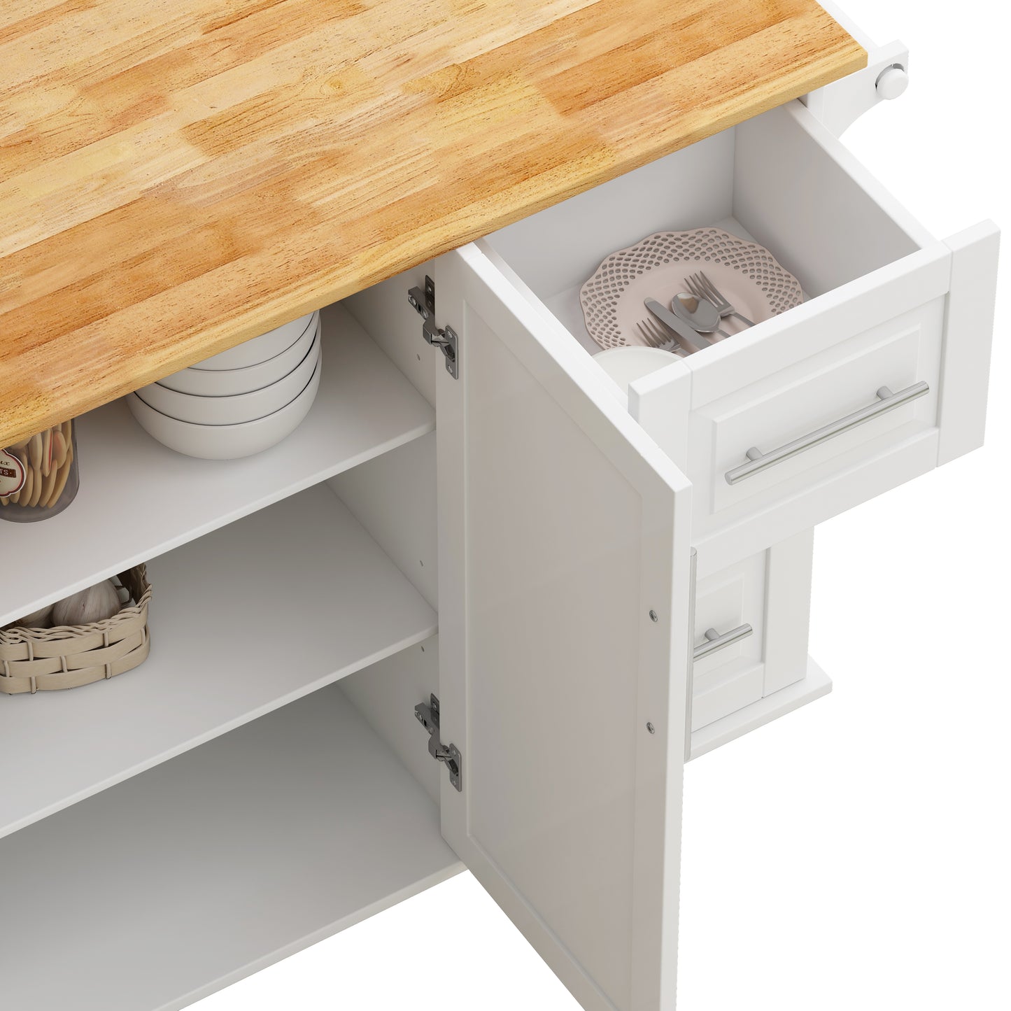 White kitchen island cabinet with butcher block top and open drawer with cutlery