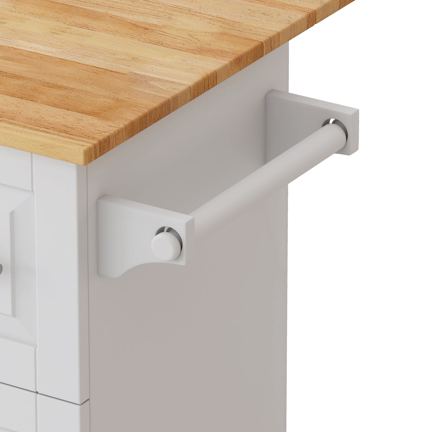 White kitchen cart with a butcher block top and integrated towel bar