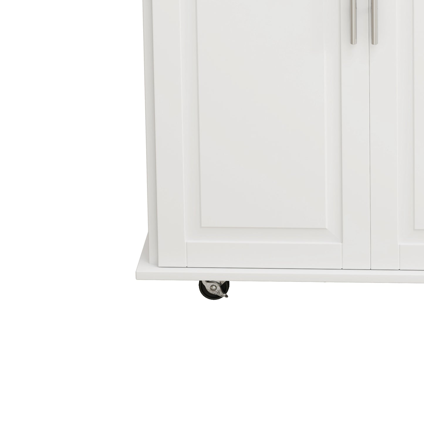 White wooden cabinet with silver handles and one visible caster wheel