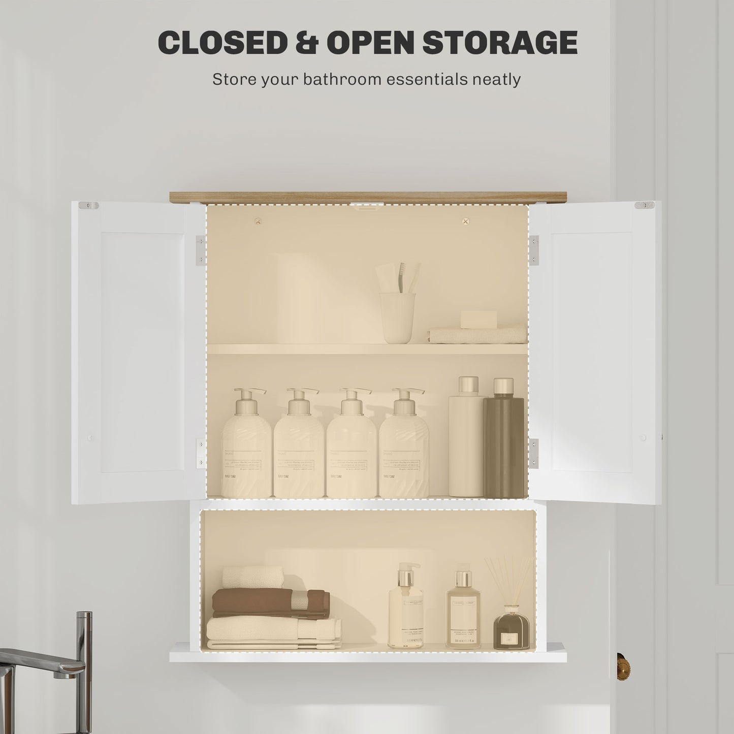 White bathroom cabinet with open doors revealing soap dispensers and towels showcasing organized storage