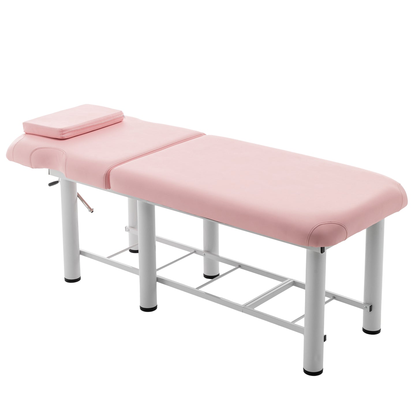 Pink adjustable massage table with a metal frame for spa treatments