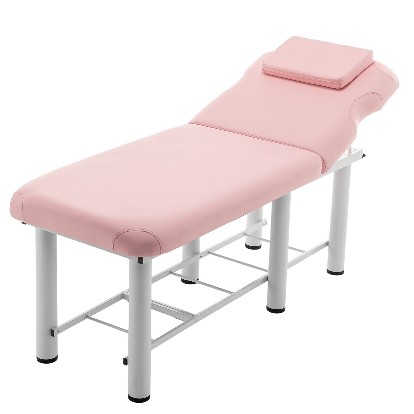 Pink adjustable spa massage table with padded headrest and white metal frame