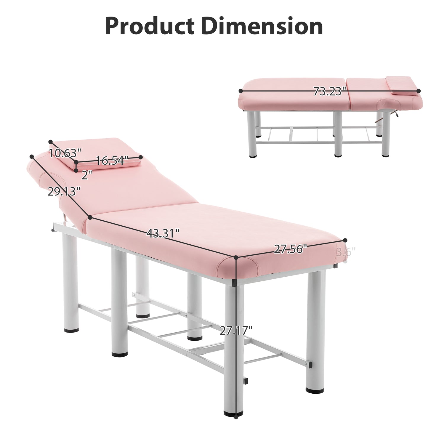Pink massage table with adjustable headrest dimensions shown L x W x H