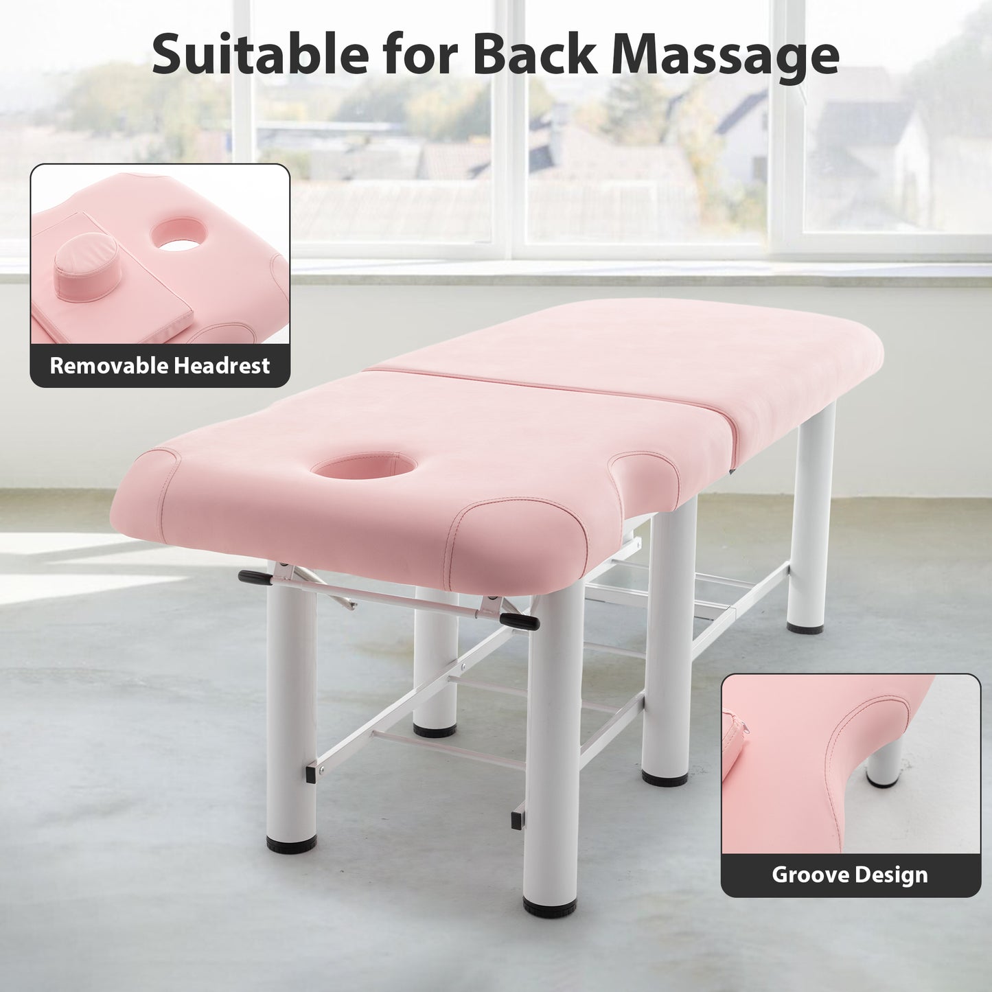 Pink portable massage table with removable headrest and face cradle for back massage